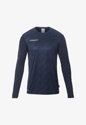 Chemise à manches longues bleu marine avec motif texturé, fabriquée en matériau léger. Elle présente un col rond et un petit logo sur la poitrine.