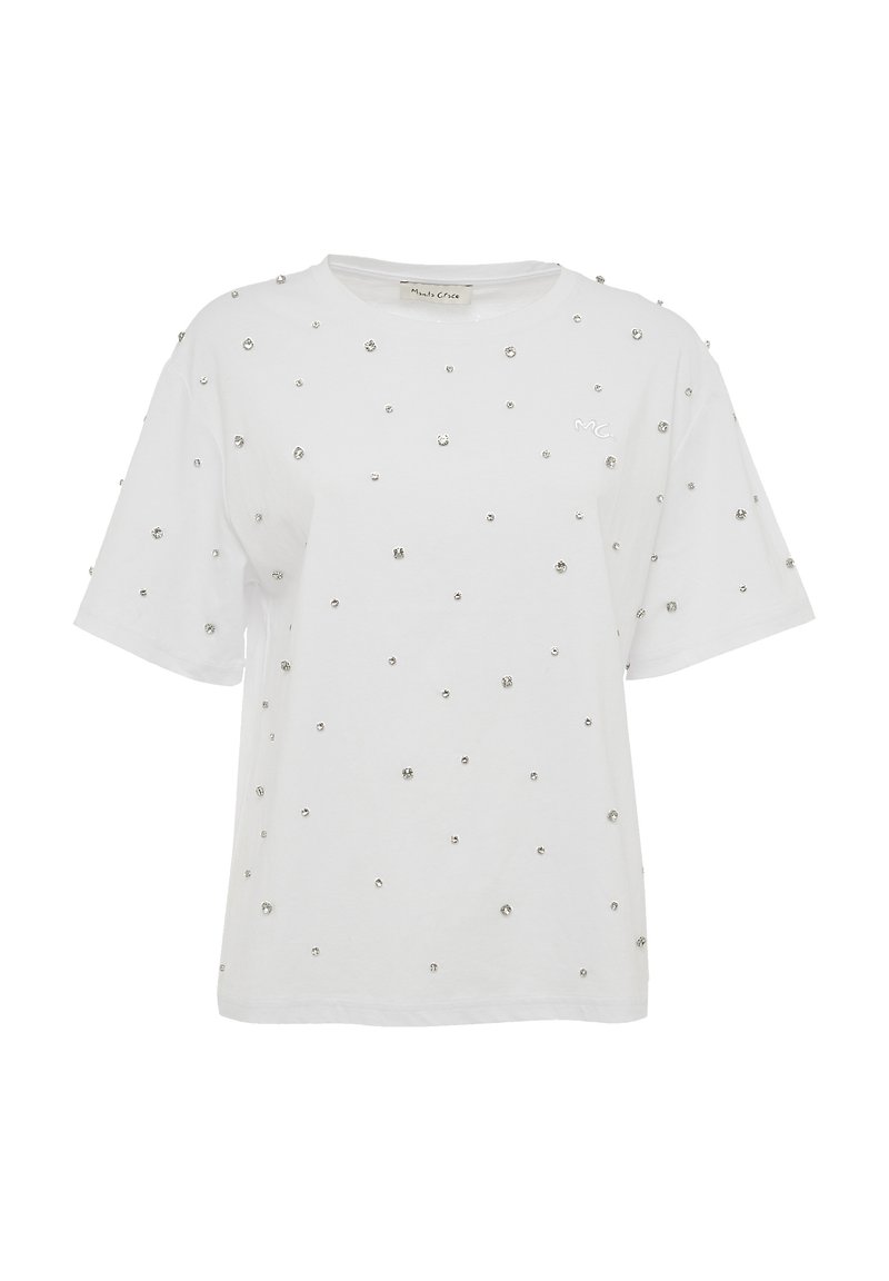 White cotton T-shirt with short sleeves, featuring scattered silver studs and a small white logo on the front. Relaxed fit and smooth texture.