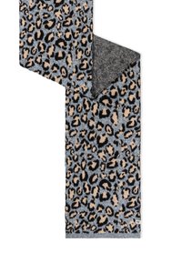 Leopard-patterned scarf with a textured light gray base and black accents, featuring a black and gray woven reverse side.