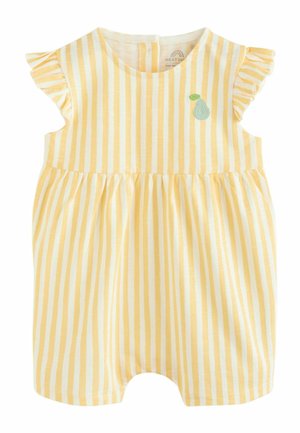 Geel-wit gestreepte romper met gerimpelde schouderaccenten. Voorzien van een kleine, groene geborduurde perenversiering. Gemaakt van zacht katoen.