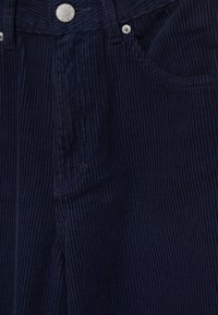 Pantalons en velours côtelé navy avec des côtes verticales, poche avant, fermeture à bouton et accents en métal argenté.