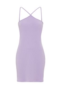 Atskiroji kūno forma lilac spalvos su plonomis kryžminėmis spaghetti petnešomis ir aptemptu siluetu. Lygi tekstūra,  iki kelių siekianti apykaklė.