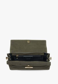 Olive green suede handbag with a gold-tone clasp, featuring a black interior and a zippered pocket. Opened view showing compartment layout.