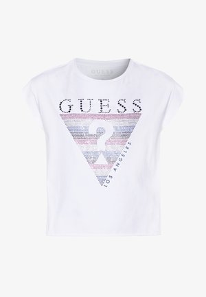 Witte korte mouw T-shirt met een driehoekig logo met studs, een groot vraagteken, "GUESS" erboven en "LOS ANGELES" langs de rand van de driehoek.