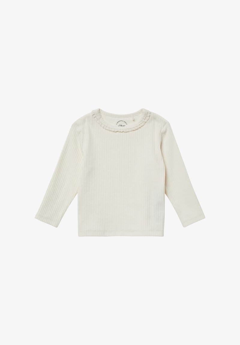 Biała, długosleeve, prążkowana bluzka z falbaniastym dekoltem, wykonana z miękkiej bawełny, z prostym dołem i neutralnym kolorem.