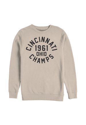Sweatshirt beige à manches longues avec un texte noir affichant « Cincinnati 1961 Ohio Champs » en lignes courbes et droites sur le devant.