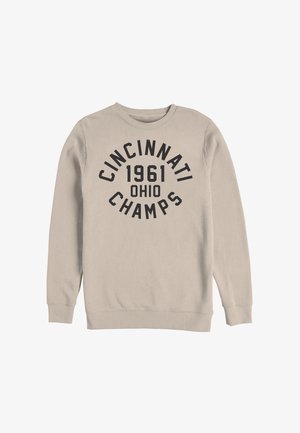 Beige long-sleeve sweatshirt with black text reading "Cincinnati 1961 Ohio Champs" in curved and straight lines on the front.