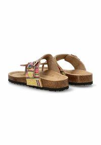 Sandalias de corcho marrón con suela de corcho y tira tejida multicolor, con un detalle de hebilla y una plantilla texturada para mayor comodidad.