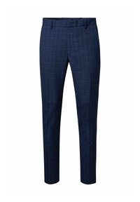 Marineblauwe broek van een gestructureerde stof met een subtiel ruitpatroon, met een platte voorkant en een slim-fit silhouet.