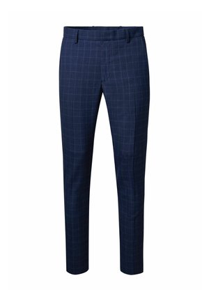 Marineblaue Hose aus einem strukturierten Stoff mit dezentem Karomuster, mit flachem Vorderteil und schlanker Passform.