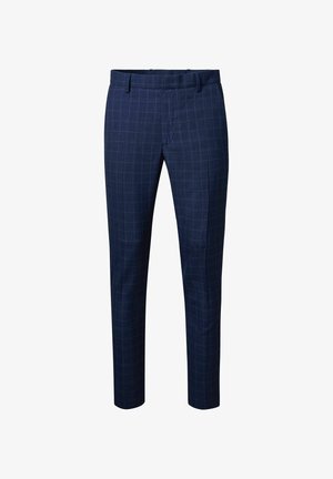 Marineblaue Hose aus einem strukturierten Stoff mit dezentem Karomuster, mit flachem Vorderteil und schlanker Passform.