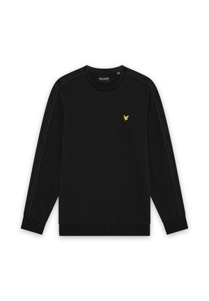 Zwarte lange mouwen sweatshirt met ronde hals, gebrandmerkt lint langs de mouwen, en een klein geel vogel logo op de linkerborst.