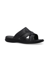 Zwarte slidesandalen met een kruisbandontwerp, gemaakt van gestructureerd leer, met een open teen en een flexibele rubberen zool voor comfort.