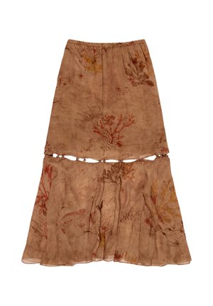 Brązowa półprzezroczysta spódnica z wzorami kwiatów i ryb, elastycznym paskiem w talii oraz dolną falbaną połączoną małymi okrągłymi łącznikami.