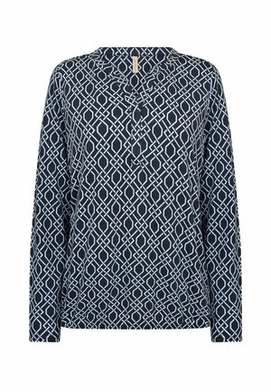 Pulóver s dlhými rukávmi v námorníckej modrej a svetlomodrej s geometrickým vzorom, s henley golierom a tromi gombíkmi na krku.