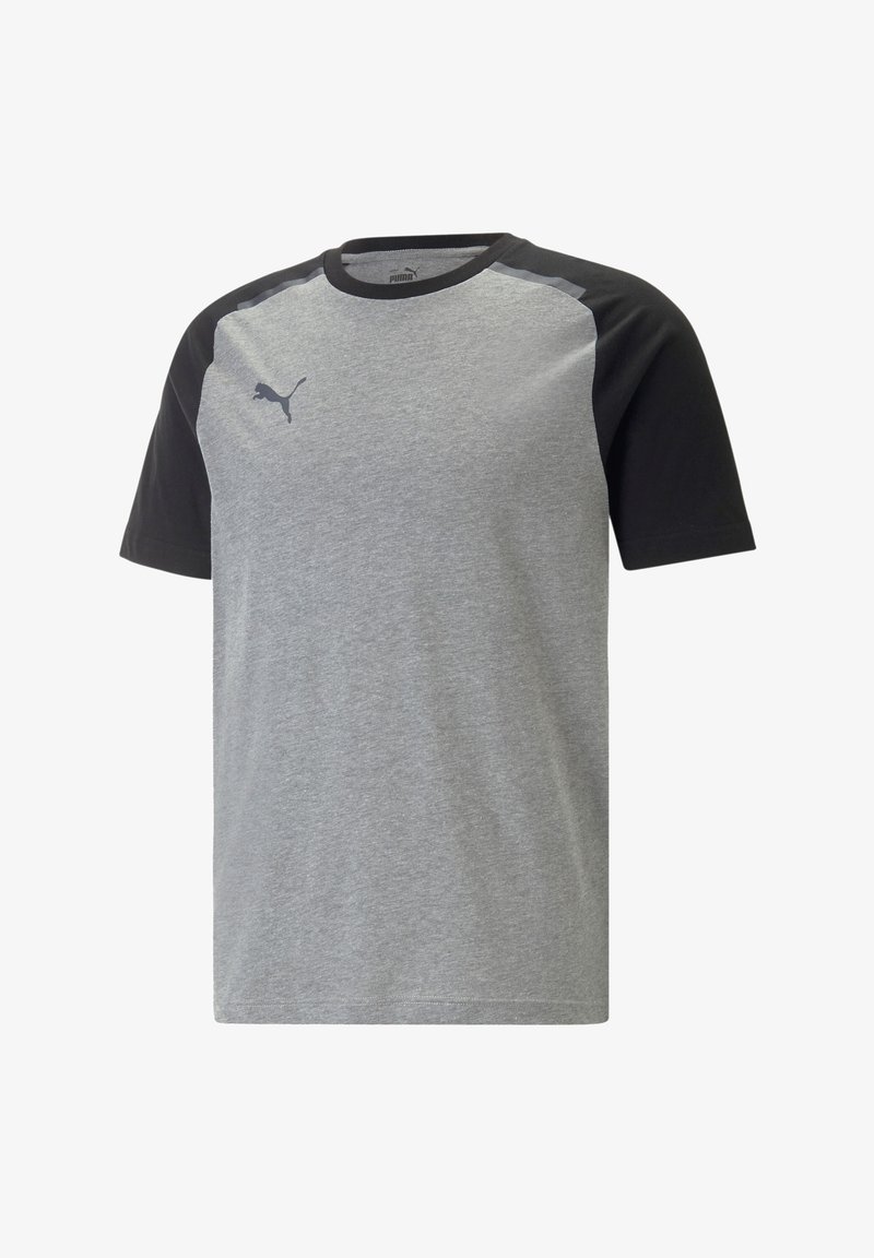 Graues Kurzarm-T-Shirt mit schwarzen Ärmeln und rundem Halsausschnitt. Auf der Brust befindet sich ein kleines schwarzes Puma-Logo. Material aus Baumwollmischung.