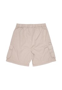 Pantaloni cargo beige realizzati in tessuto leggero, con una vita elasticizzata e due tasche laterali. Texture liscia con dettagli minimal.