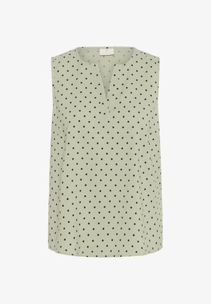 lys grøn ærmeløs bluse med v-hals, der har sorte prikker og en afslappet pasform. Blødt, struktureret stof med en løs silhuet.