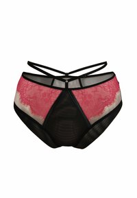 Czarno-różowe koronkowe majtki z wysokim stanem, z siateczkowym wzorem, kwiatowym printem po bokach oraz krzyżującymi się paskami z tyłu.