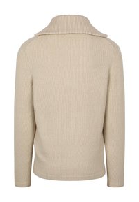 Beige lange mouw gebreide trui met een brede, opgevouwen geribde kraag, gezien van achteren op een witte achtergrond.