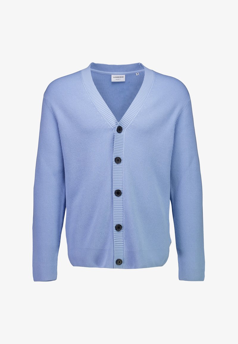 Jasnoniebieski prążkowany kardigan z dekoltem w serek, zapinany na guziki z przodu, z długimi rękawami i luźnym krojem. Miękka tekstura i średnia grubość.