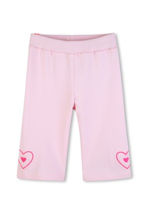 Shorts en coton rose avec une ceinture côtelée et des coeurs brodés sur les côtés inférieurs. Texture lisse et coupe mi-genoux.