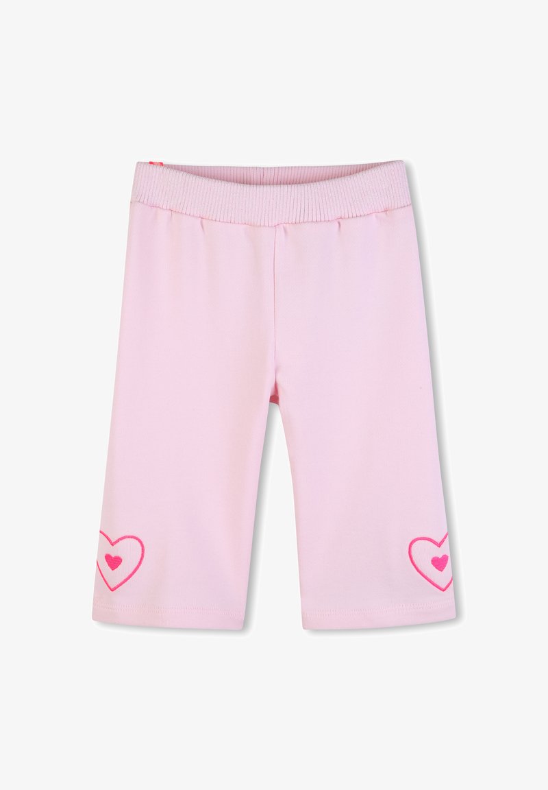 Shorts en coton rose avec une ceinture côtelée et des coeurs brodés sur les côtés inférieurs. Texture lisse et coupe mi-genoux.