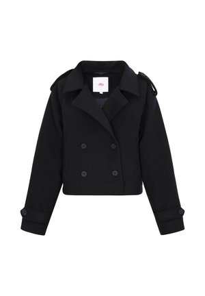 Melna īsā peacoat jaka, kas izgatavota no mīksta auduma, ar dubultu pogāšanu priekšā, lielām pogām, platām atlokām un plecu plāksnēm.