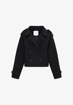 Palton peacoat negru, croppat, realizat dintr-un material moale, cu un nasture dublu în față, nasturi mari, revere late și epauleți la umeri.