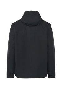 Schwarze Kapuzenjacke mit langen Ärmeln, aus leichtem, glattem Material gefertigt. Verfügt über elastische Bündchen und ein einfaches, stromlinienförmiges Design.