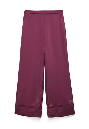 Wide-leg satin pants in deep plum with cuffed hems and side pockets, featuring a high waistband and smooth finish.
