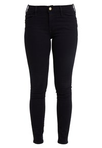 Black skinny jeans made of denim with a smooth texture, featuring a front button, belt loops, and classic five-pocket design.