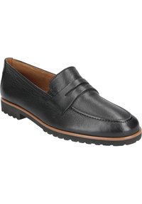 Schwarzer Leder-Schlüpfschuh mit strukturierter Oberfläche, genähter Mokassinschnitt und Gummisohle. Verfügt über einen Riemen über dem Rist.
