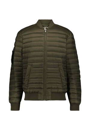 Doudoune vert olive avec un col côtelé, fermeture éclair sur le devant, poches latérales et une poche zippée supplémentaire sur la manche gauche.