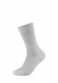 Szara bawełniana skarpetka z żebrowanym mankietem, miękka w dotyku i z bezszwowym palcem. Długość do połowy łydki, gładkie wykończenie i brak widocznych wzorów.
