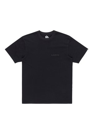 Czarny t-shirt z krótkim rękawem i okrągłym dekoltem, z subtelnym logo Quiksilver nadrukowanym na lewej piersi oraz małym logo na lewym rękawie.