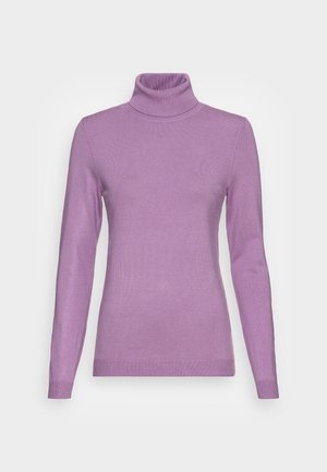 Liliowy sweter z długim rękawem i golfem, z dopasowanymi mankietami i dołem, wyświetlany na jednolitym jasnoszarym tle.