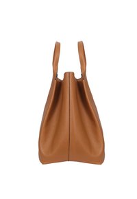 Brown leather handbag with a soft, textured finish. Features two short handles and a wide, slouchy silhouette. No visible hardware details.