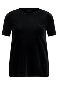 Svart kortärmad T-shirt i mjukt, sammetsliknande material. Har en rund halsringning och en avslappnad passform utan ytterligare dekorationer.