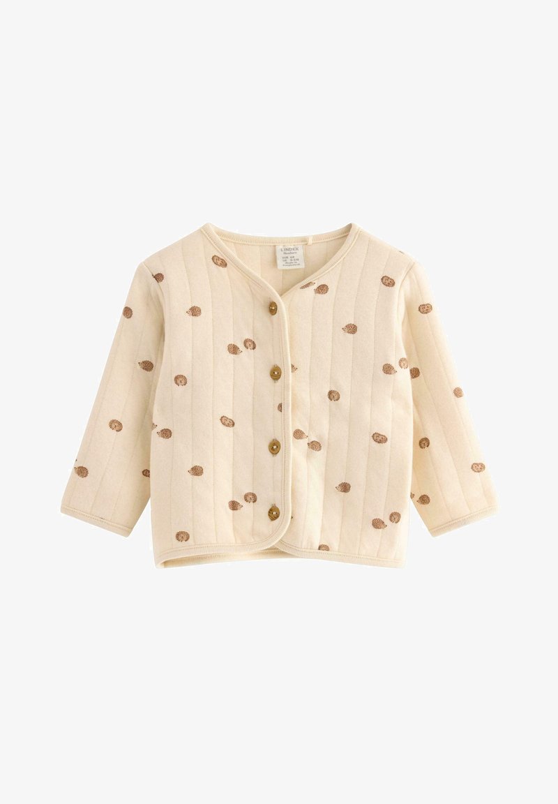 Crème-kleurige baby cardigan met lange mouwen, bruine egeltjes prints, verticale quilting en vier houten knopen aan de voorkant.