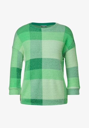 Pull à carreaux verts dans des nuances variées de vert. Présente un col rond et des manches trois-quarts. Tissu doux et texturé.