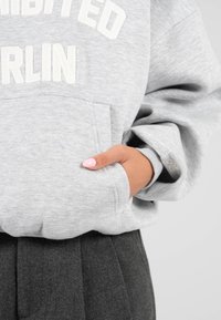 Šedá mikina s texturovanou tkaninou, přední kapsou a bílým vyšívaným nápisem "Berlín". Manžety mají detail loga. V kombinaci s tmavými skládacími kalhotami.