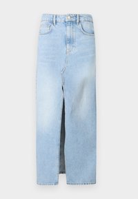 Svetlo modra denim krila z visokim pasom, sprednjim razporkom in klasičnim pet-imanskimi žepi. Tkanina ima gladek, rahlo teksturiran zaključek.