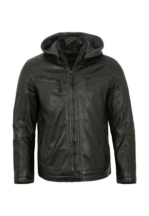 Schwarze Lederjacke mit Frontreißverschluss, Reißverschlusstaschen auf Brust und Seiten und angenähter dunkelgrauer Stoffkapuze.
