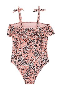 Rózsaszín leopárdmintás fürdőruha, vállra csúsztatható fodorral, állítható nyakpántokkal és testhezálló fazonnal. Rugalmas anyagból készült.