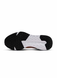 Sorte og hvide sneakersål med et tekstureret gummimønster, en glat hvid mellemsål og forstærket hælområde.