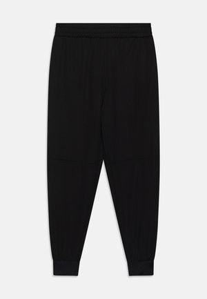 Pantalon de jogging noir en tissu doux, avec une taille extensible, des poignets élastiques et une texture lisse sans motifs visibles.
