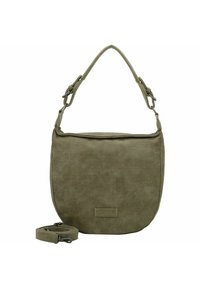 Borsa a spalla verde oliva con una texture liscia, forma arrotondata, tracolla regolabile e sottili accenti metallici. Presenta un frontale piatto.