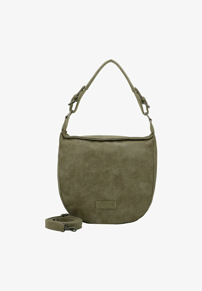 Borsa a spalla verde oliva con una texture liscia, forma arrotondata, tracolla regolabile e sottili accenti metallici. Presenta un frontale piatto.