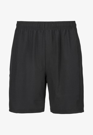 Svarta träningsshorts med elastisk midja, tillverkade av ett lätt material, med en slät yta och knälång design.
